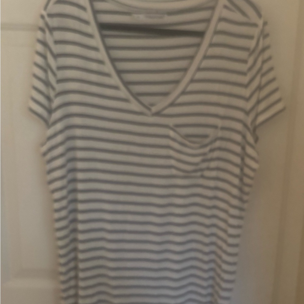 Striped V-Neck Pocket Tee - White & Navy. Size 2 plus